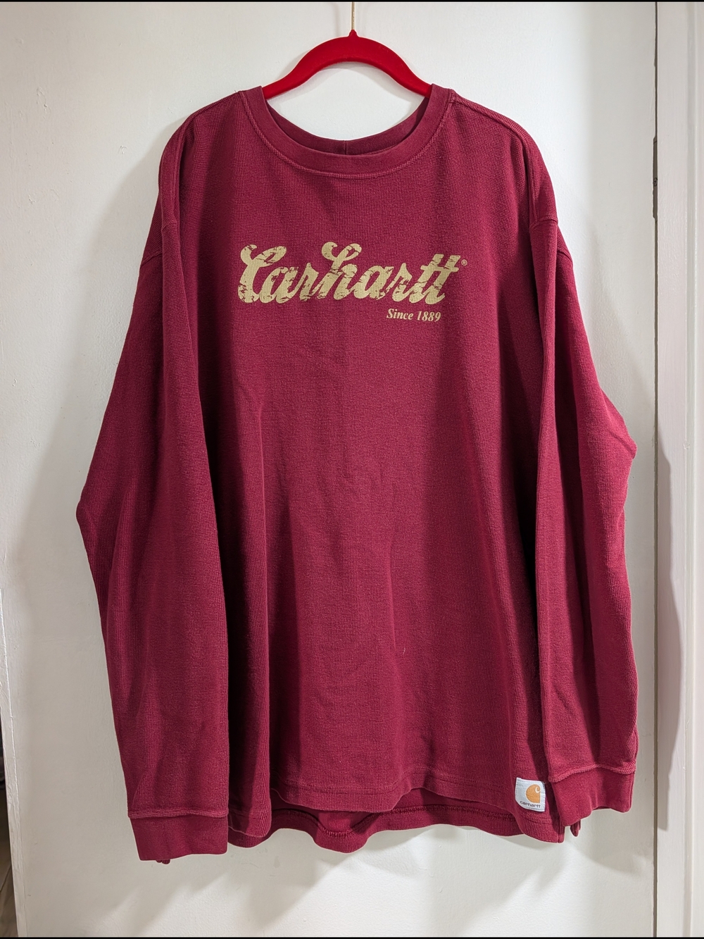 Carhartt Men's Long-Sleeve Logo Tee in Maroon with Cream Script